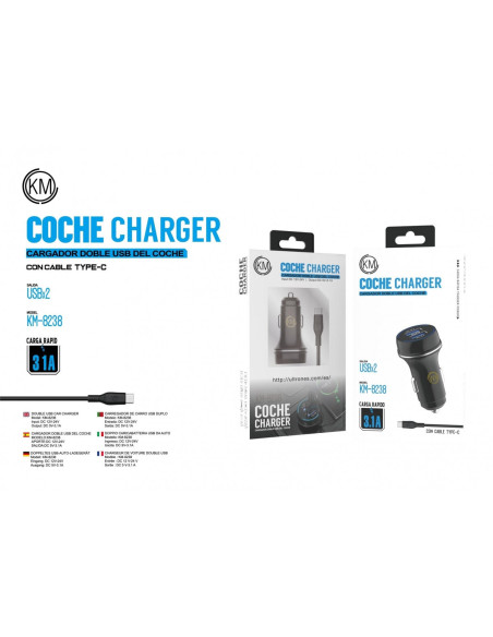 KM-8238 CARGADOR COCHE CABLE TYPE-C [NEGRO]