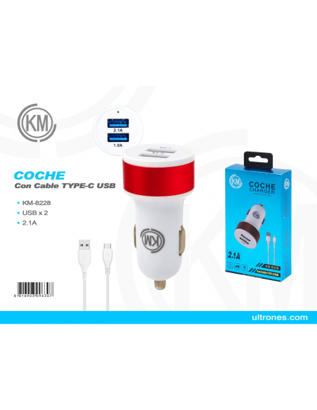 KM-8228 CARGADOR COCHE CABLE TYPE-C [ROJO]