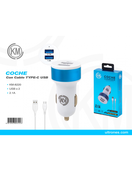 KM-8220 CARGADOR COCHE CABLE TYPE-C [AZUL]