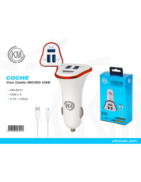 KM-8214 CARGADOR COCHE CABLE MICRO-USB [ROJO]