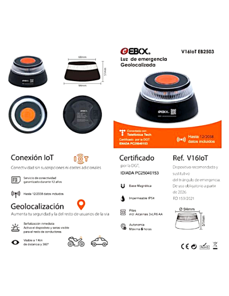 EBOX V16loT Baliza Luz de EMERGENCIA para Coche EB2503
