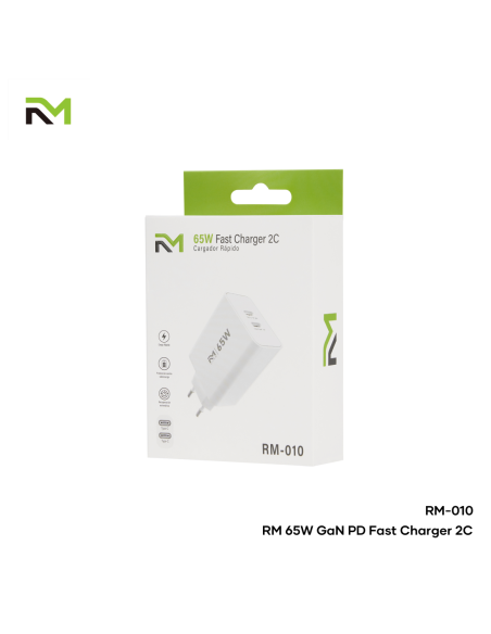Accesorio RM / (RM010) Cargador Enchufe Super Rápido 65W 2 Puertos C (PD3.0 / QC3.0)