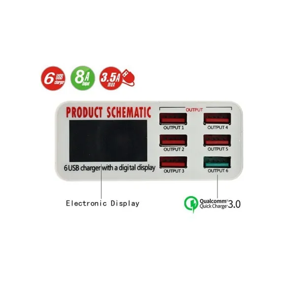 Cargador USB con 6 puertos de carga rápida y pantalla LCD